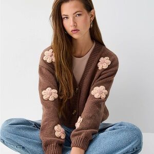 Crocheted flowers cardigan Brown Floral Knit size L